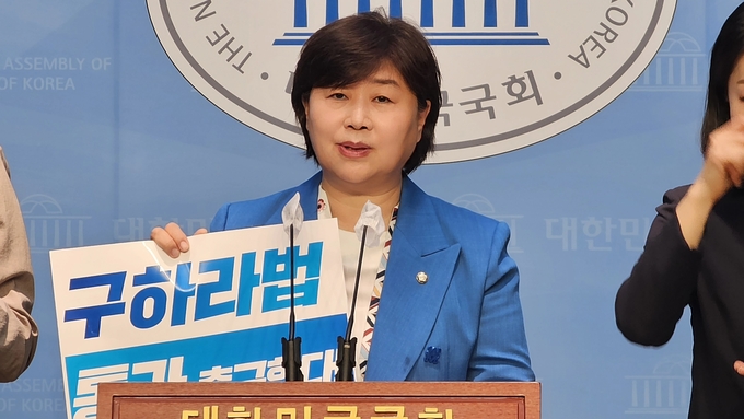 더불어민주당 서영교 의원은 29일 국회에서 기자회견을 통해 이른바 "구하라법 "통과를 촉구하고있다 