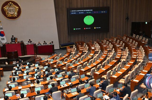 24일 국회 본회의에서 '노동조합 및 노동관계조정법 일부개정법률안(노란봉투법)'이 통과되고 있다.<br>
<br>
한변에서 기사자료 발췌